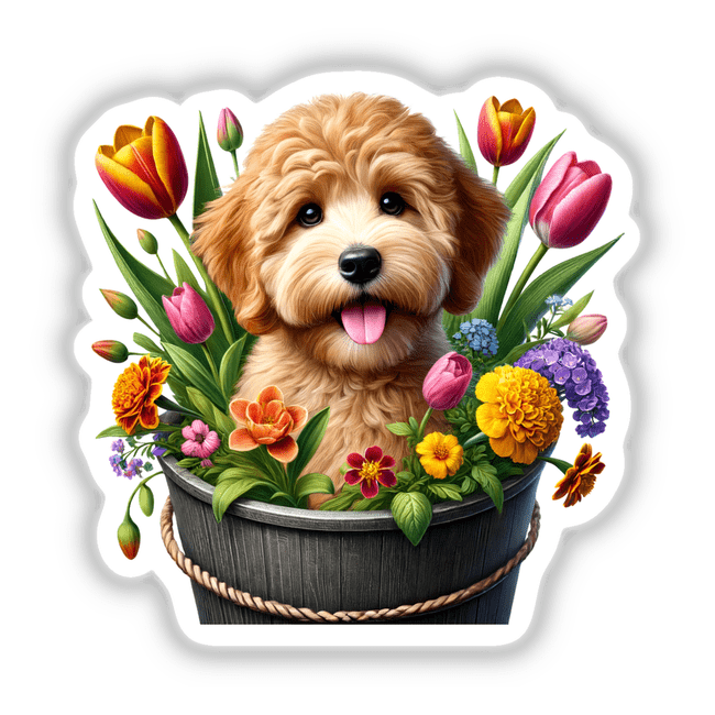 Goldendoodle Dog Peeking Out of Flower Pot