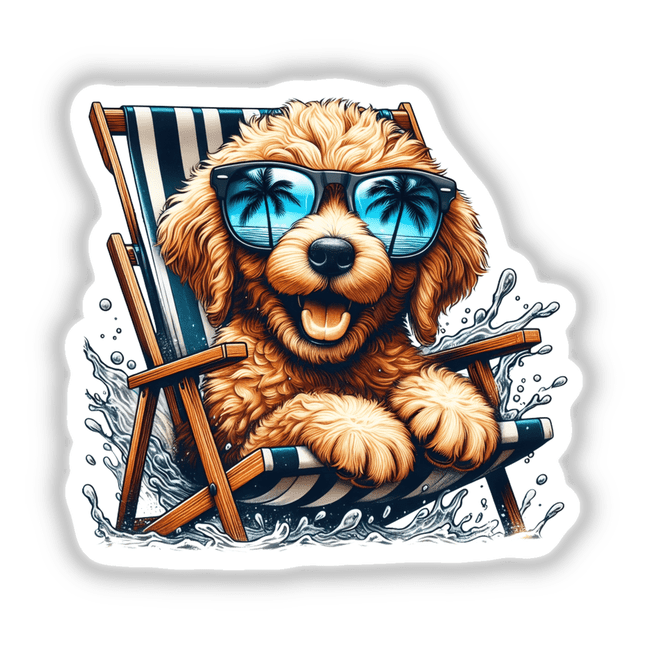 Peeking Golden Doodle Sitting in Beach Chair II: A whimsical illustration of a dog wearing sunglasses, seated in a chair, available as unique stickers or digital artwork from Decal Venue.