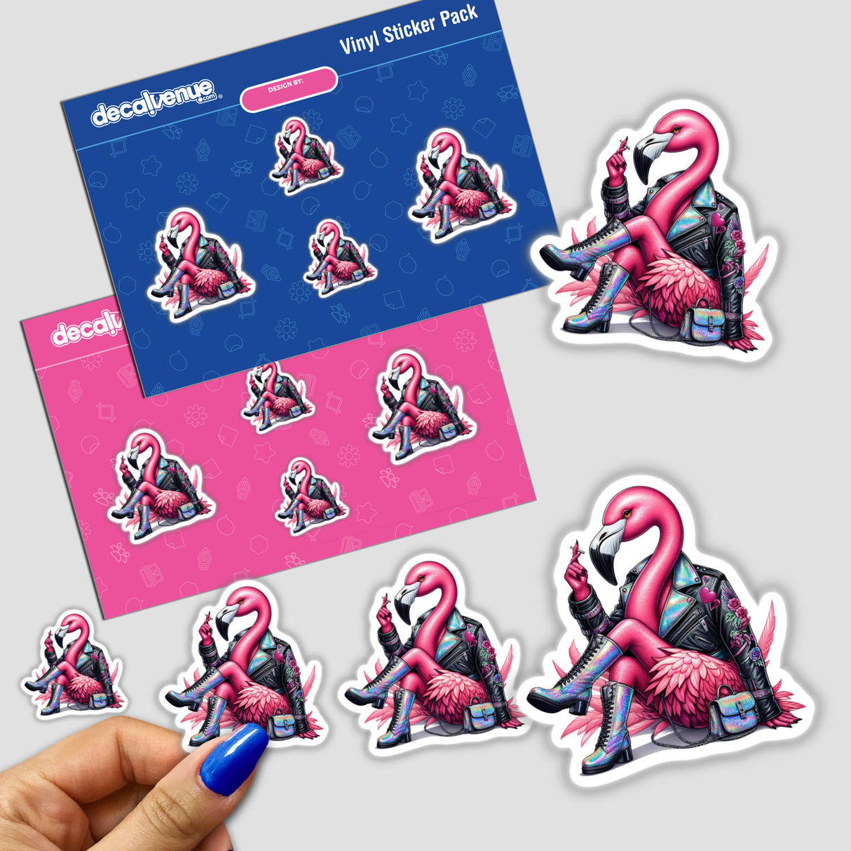 Flamingo Cool Biker Chic design showcasing a stylish flamingo in biker attire, available as stickers or digital artwork, embodying Decal Venue's unique vinyl and digital art offerings.