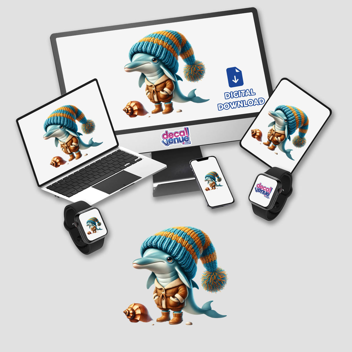 Dolphin Gnome with Seashell displayed on a laptop and monitor, showcasing a cartoon dolphin wearing a hat and boots. Available as stickers or digital artwork from Decal Venue.