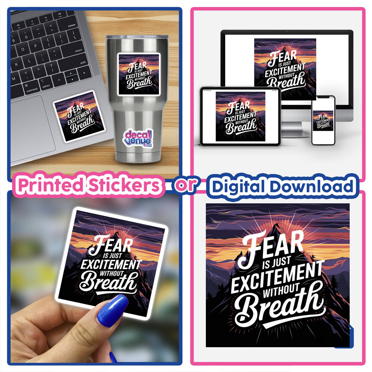 Collage featuring a laptop adorned with a Fear is just excitement without breath sticker, highlighting its availability as a unique vinyl sticker or digital artwork.