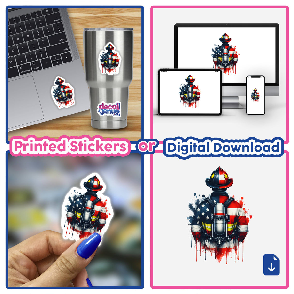 American flag firefighter first responder digital artwork featuring the American flag design in a distressed, dripping style on stainless steel tumbler, laptop, and mobile devices.