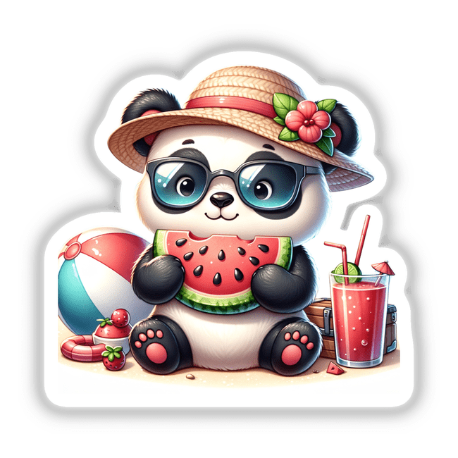 Cute Panda Eating Watermelon on Beach
