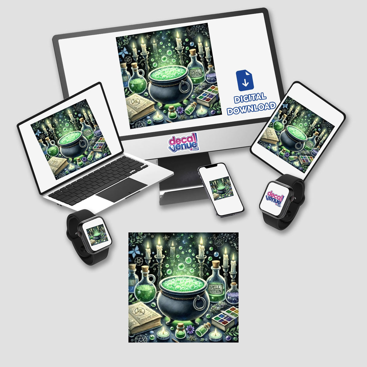 Witch's Brew - Cauldron with Bubbling Potion Watercolor displayed on a computer, laptop, and tablet screen, showcasing digital artwork available as stickers or digital pieces.