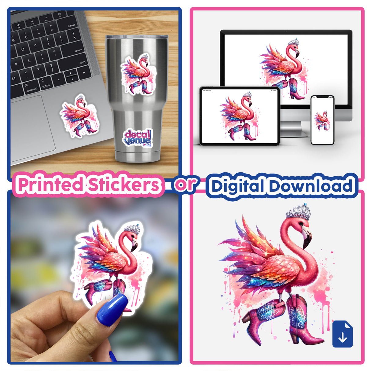 Cowboy Princess Flamingo Bird I sticker collage featuring a pink flamingo with boots, prominently displayed on laptops, cups, and phones, embodying Decal Venue's unique vinyl stickers and digital art style.