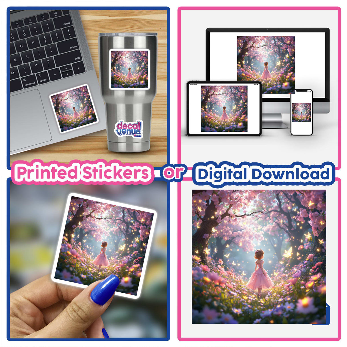 Enchanted Princess in a Dreamy Meadow: A collage featuring a girl in a pink dress surrounded by flowers, available as stickers or digital artwork.