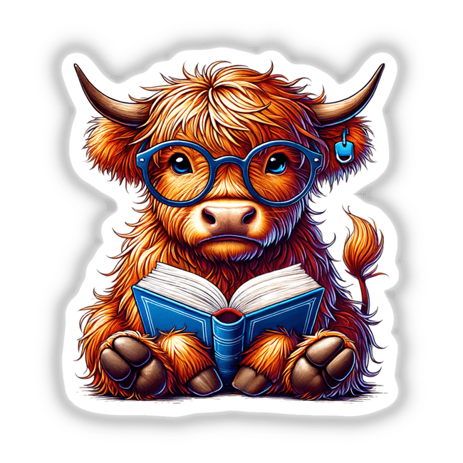 Highland Cow With Reading Glasses Open Book