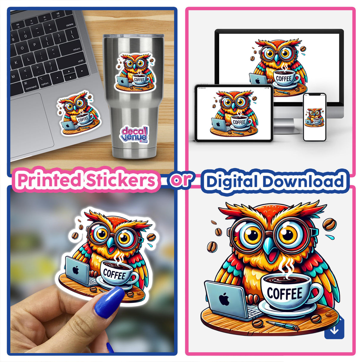 Caffeine Addicted Owl Coffee sticker featuring a cartoon owl at a table with a laptop and coffee cup. Available as stickers or digital artwork.