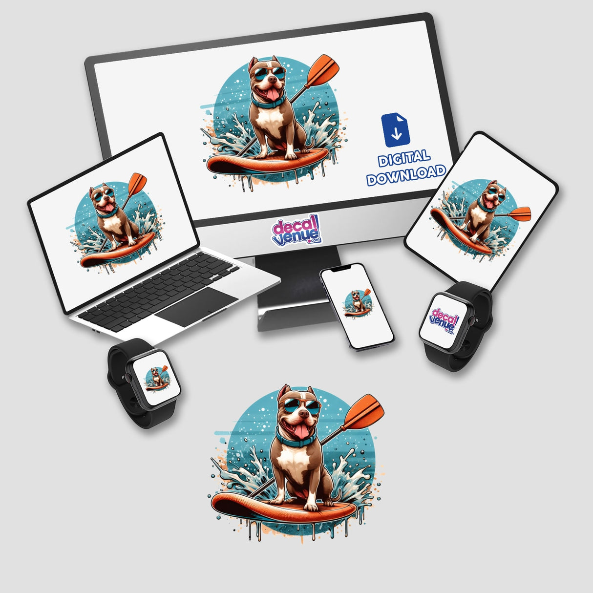 Retro Paddleboard Pitbull Dog sticker featuring a cartoon pitbull wearing sunglasses on a surfboard, displayed on a computer monitor and laptop screen. Perfect for unique vinyl sticker enthusiasts.