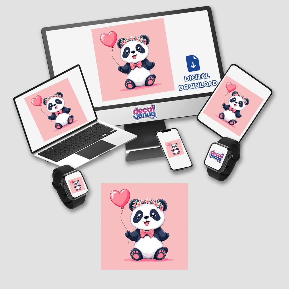 Panda with Flower Crown and Heart Balloon displayed on a digital artwork setup with a monitor and laptop, ideal for stickers or digital art from Decal Venue.