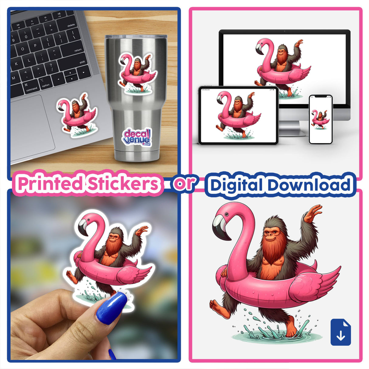 Sasquatch Splashing in Flamingo Float sticker; features a cartoon Sasquatch joyously riding a pink flamingo float. Available as a vibrant sticker or digital artwork at Decal Venue.