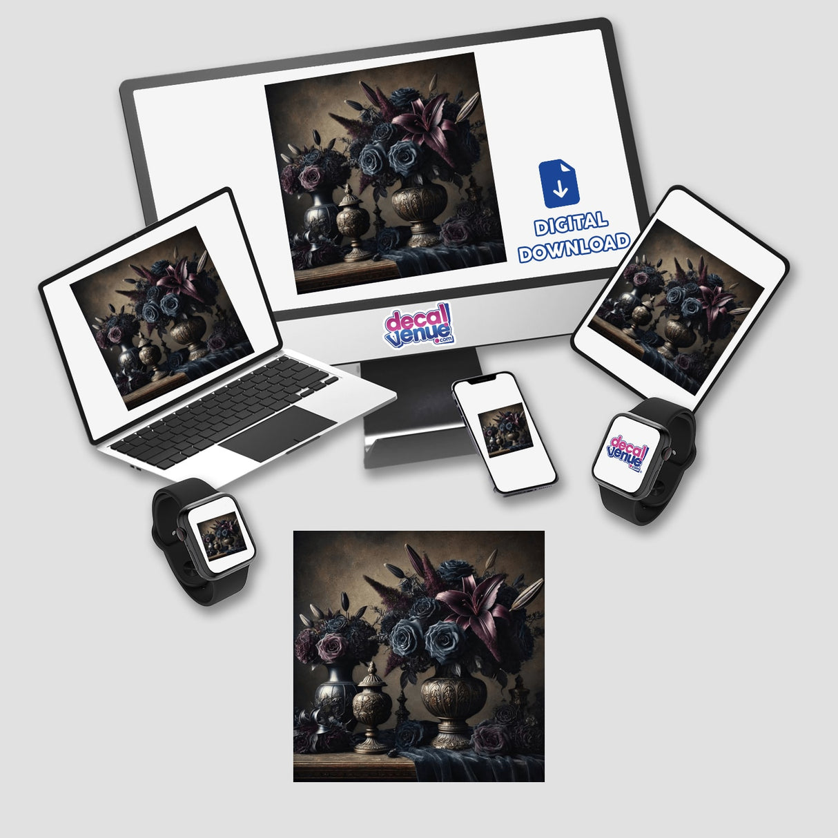 Gothic Baroque - Dark Floral Arrangements in Ornate Vases displayed on screens of a laptop, tablet, and smartphone, highlighting intricate digital artwork available as stickers or digital art from Decal Venue.