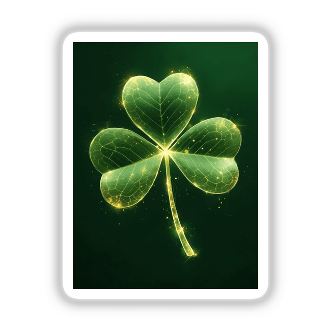 Luminous Shamrock – Glowing Green Clover with Sparkling Gold Highlights available as stickers or digital artwork, showcasing a vivid four-leaf clover with a radiant effect, ideal for unique vinyl art enthusiasts.