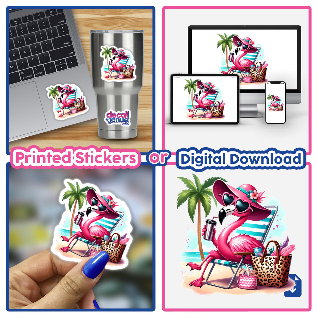 Sassy Leopard Accent Flamingo Bird at Beach II depicted as a cartoon flamingo lounging on a beach chair, featured in stickers or digital artwork, ideal for laptops or cups.
