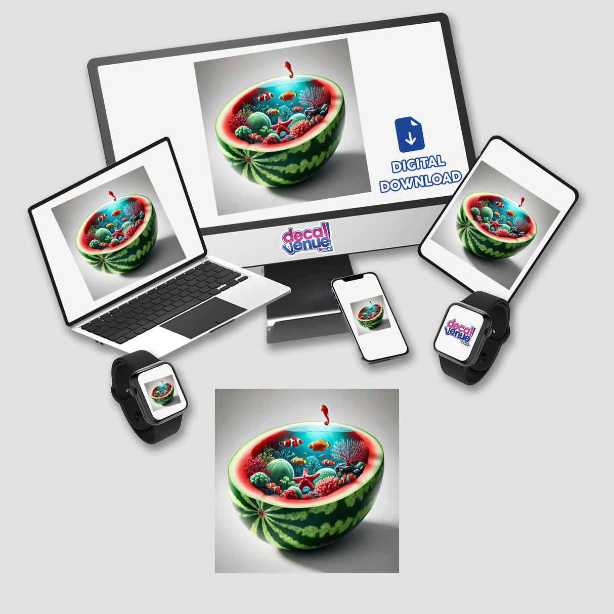 Aquatic Wonderland Coral Reef Inside a Watermelon: Digital artwork depicting sea creatures inside a watermelon, available as stickers or digital download from Decal Venue.