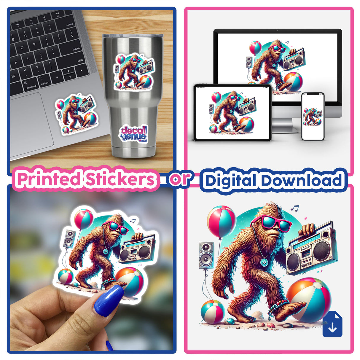 Colorful digital artwork featuring a Sasquatch figure enjoying the beach while holding a boombox, available as printed stickers or digital download format from DecalVenue.