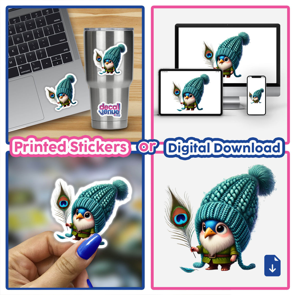 Peacock Gnome with Feather: A collage featuring a cartoon bird holding a peacock feather, showcased on stickers, laptops, and cups, available as stickers or digital artwork.