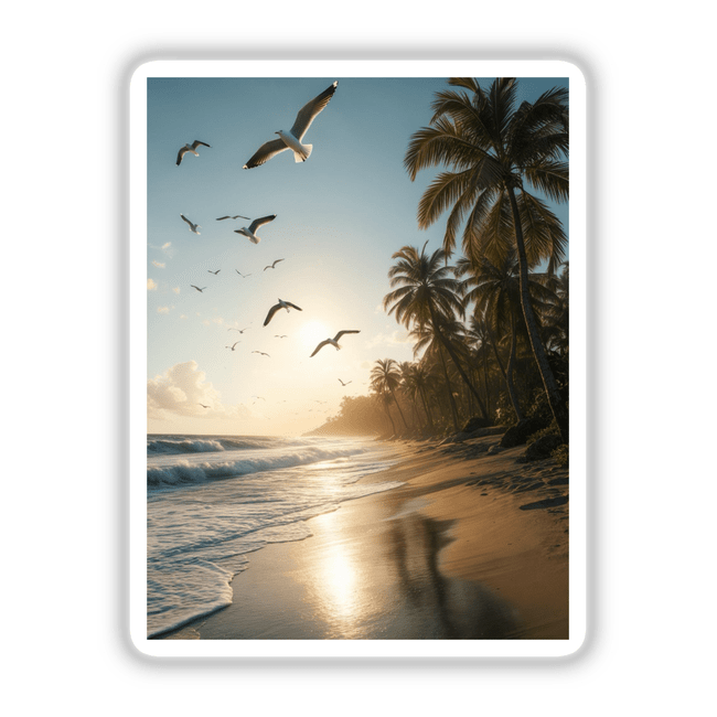 Golden Shore Seagulls Over Tropical Beach features birds soaring above a sunlit beach with palm trees, available as stickers or digital artwork, perfect for nature and beach lovers.