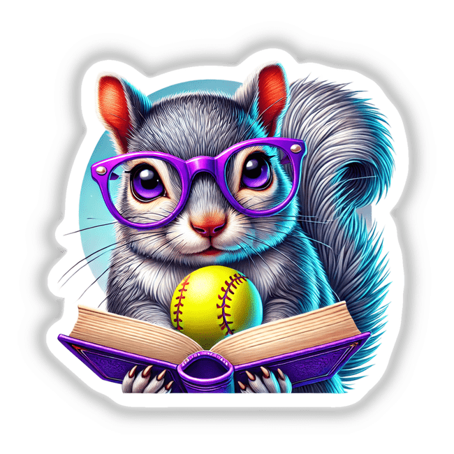 Squirrel Reading a Book with Purple Glasses and Softball sticker, featuring a cartoon squirrel in purple glasses holding a book and a yellow softball, available as unique vinyl stickers or digital artwork.
