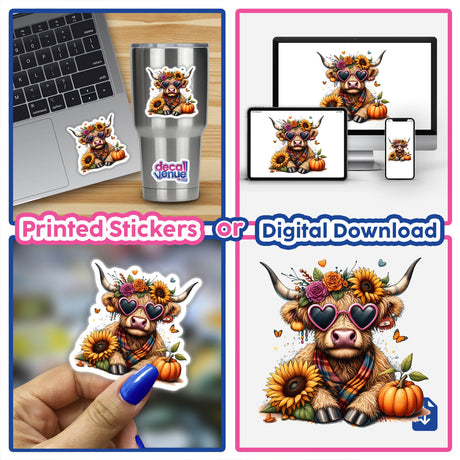 Collage of Fall Highland Cow with sunflowers, pumpkins, sunglasses, and a hat, available as stickers or digital artwork from Decal Venue.