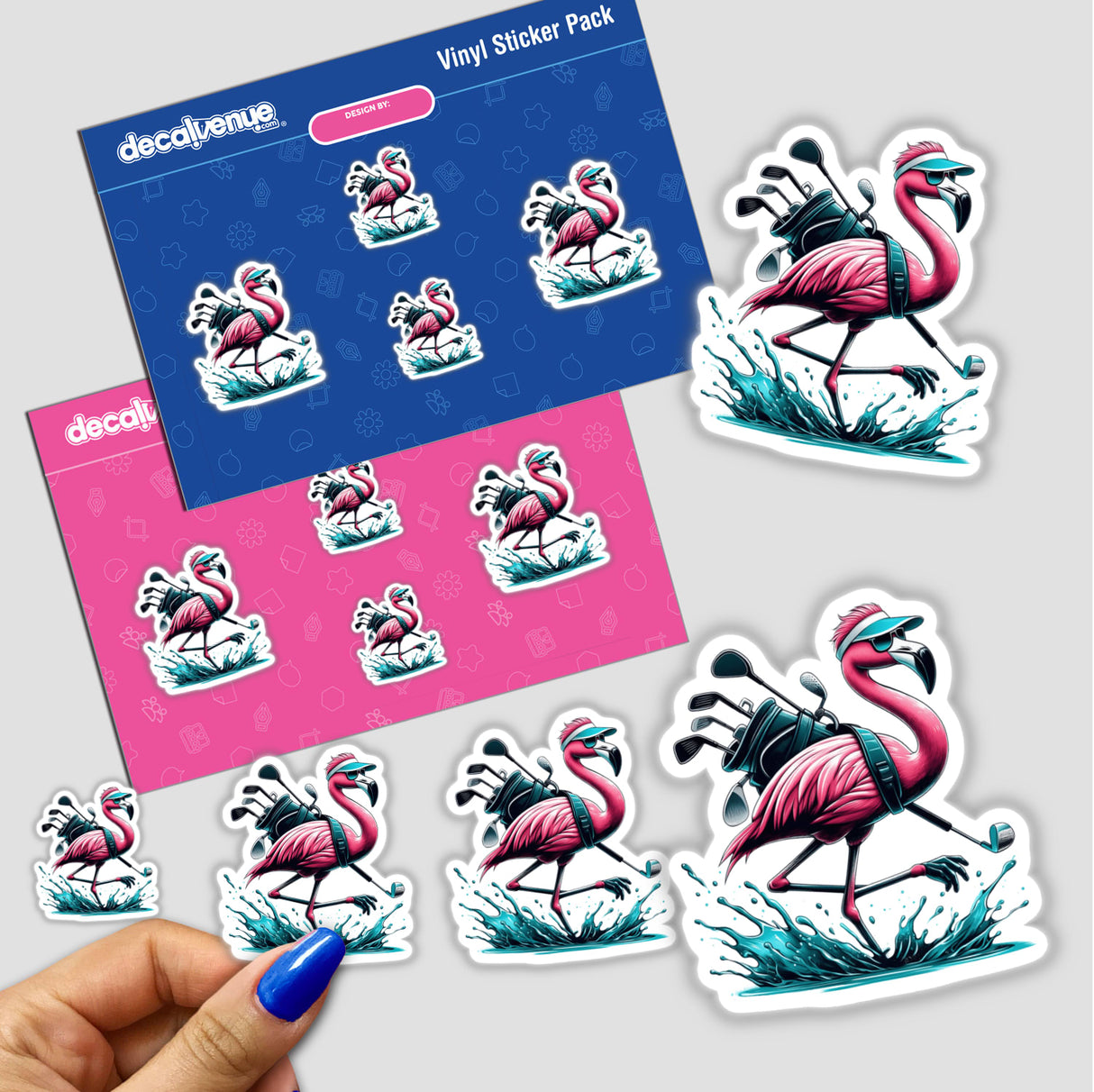 Flamingo Splash Golfer II sticker features a cartoon flamingo holding golf clubs, ideal for fans of whimsical designs. Available as vinyl stickers or digital artwork from Decal Venue.