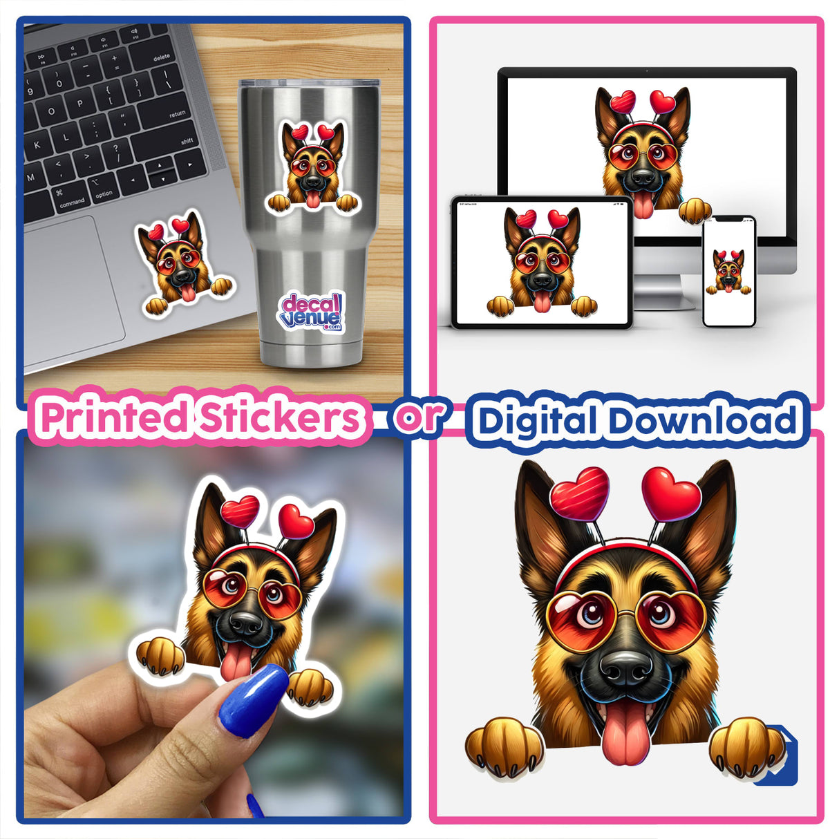 Peeking German Shepherd Cupid Dog sticker collage featuring the dog with heart-shaped sunglasses and headband, showcased on a laptop and a silver cup, highlighting its playful and versatile design.
