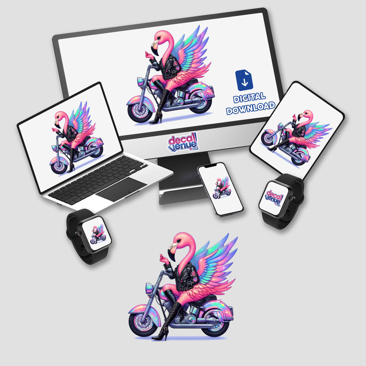 Girlie Flamingo Biker Chic depicted as a unique vinyl sticker or digital art, showcasing a whimsical flamingo adorned with biker accessories, embodying Decal Venue's distinct style.