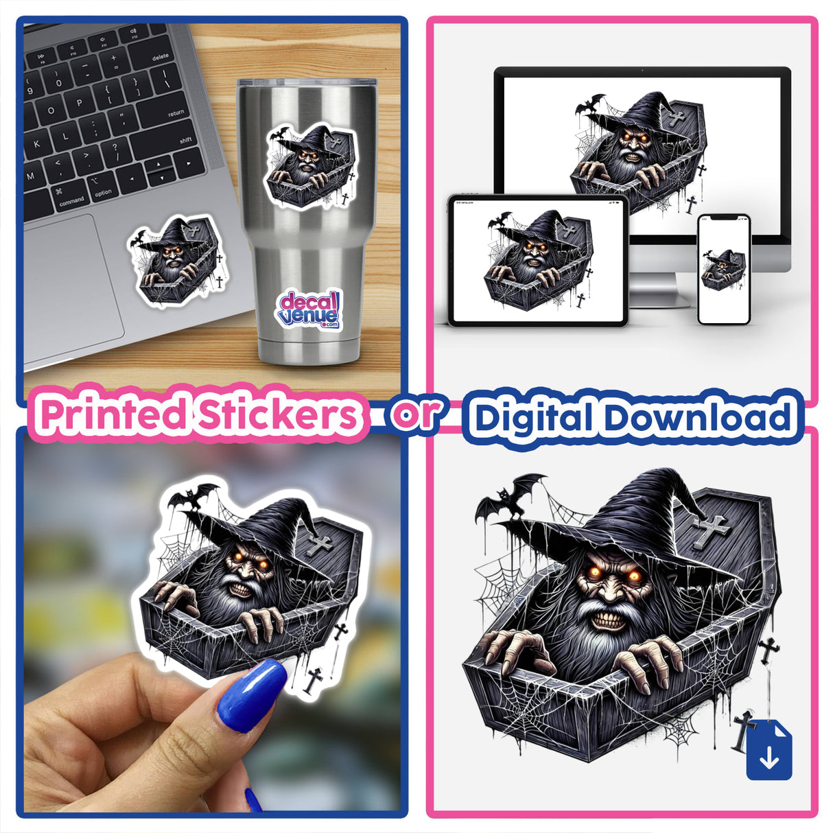 Wizard Peeking Out of Coffin Halloween - Digital artwork featuring a spooky wizard emerging from a coffin against a dark, cobweb-covered background.