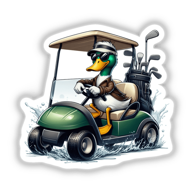 Mallard Duck Driving Golf Cart depicted as a cartoon character wearing sunglasses and a hat, available as stickers or digital artwork from Decal Venue.