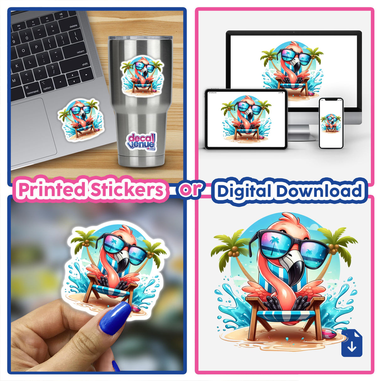 Tropical Flamingo in Beach Chair sticker, featuring a cartoon flamingo lounging with sunglasses. Available as a vinyl sticker or digital artwork, perfect for laptops or enhancing digital collections.