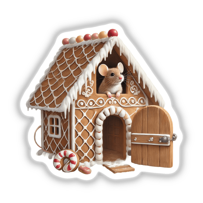 Mouse Peeking Out of a Gingerbread House sticker, featuring a cute mouse looking through a window of a detailed gingerbread house, available at Decal Venue.