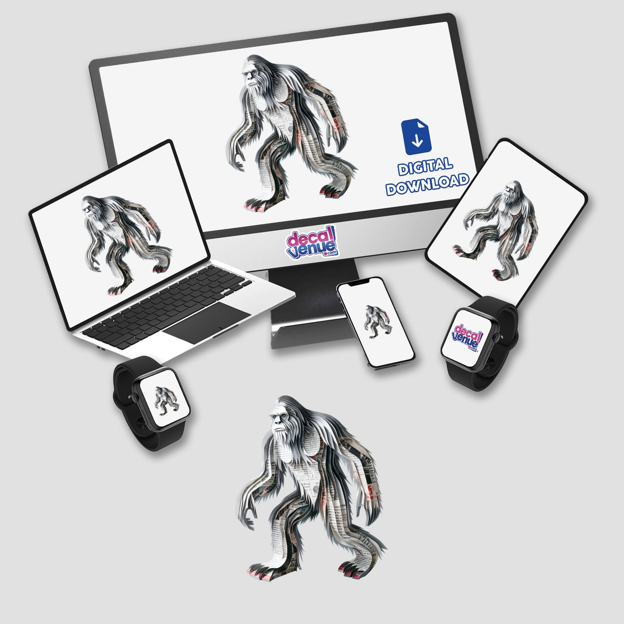 Sasquatch Newspaper Art displayed on a computer monitor and laptop, featuring a gorilla image, available as stickers or digital artwork.