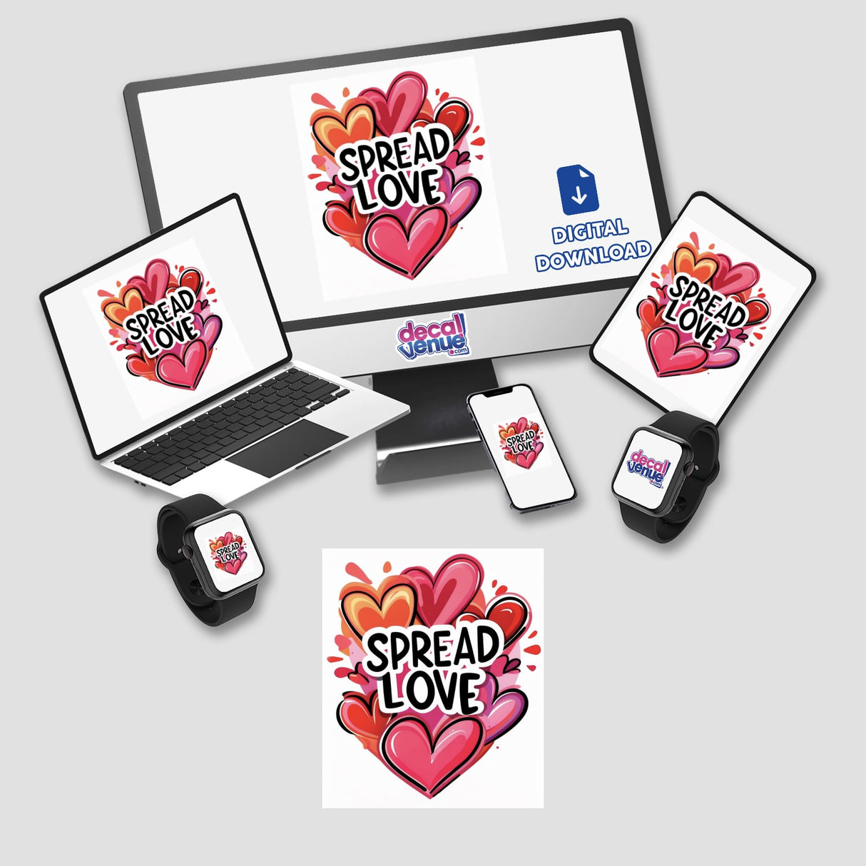 Spread Love with Vibrant Red and Pink Hearts design displayed on a computer monitor, laptop, and tablet screens, available as stickers or digital artwork from Decal Venue.