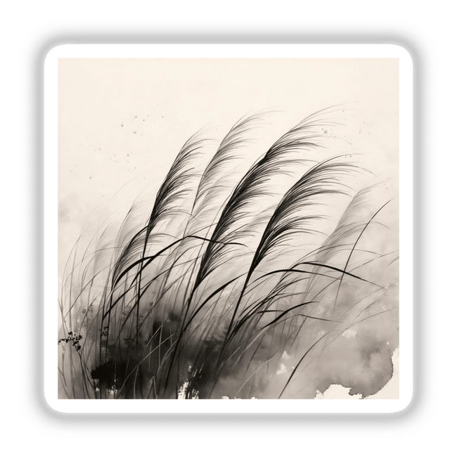 Sumi-e Wind Through Pampas Grass Traditional Japanese Ink depicted as elegant, minimalist artwork available as stickers or digital art, reflecting Decal Venue's unique collection of vinyl stickers and digital designs.