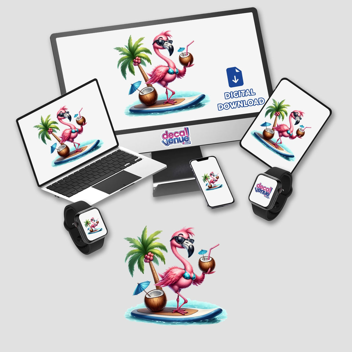 Flamingo in Bikini with Coconut Drink depicted as a whimsical sticker or digital artwork, capturing a playful scene for Decal Venue's unique collection of vinyl stickers and digital art.