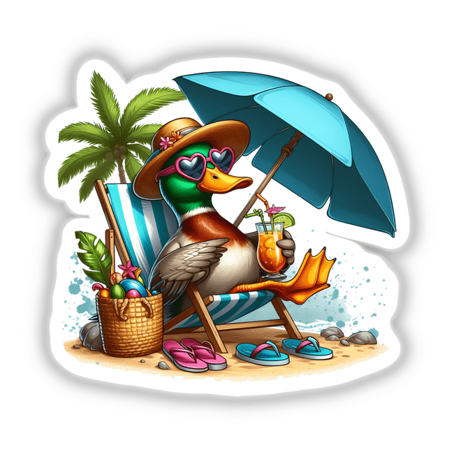 Mallard Duck Sitting in Beach Chair with sunglasses and a hat under an umbrella, accompanied by a basket of colorful eggs and flip flops. Available as stickers or digital artwork.