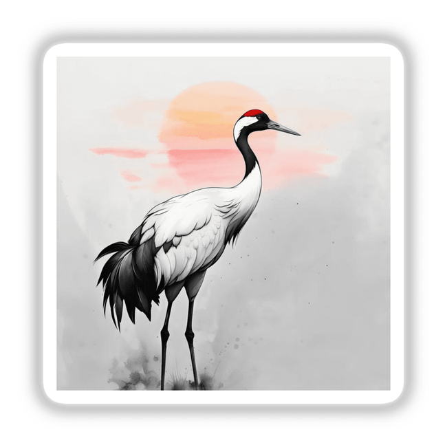 Sumi-e Japanese Watercolor Crane at Sunrise Traditional, available as stickers or digital artwork, showcasing an elegant crane in a classic sumi-e style, reflecting Japanese artistic heritage.