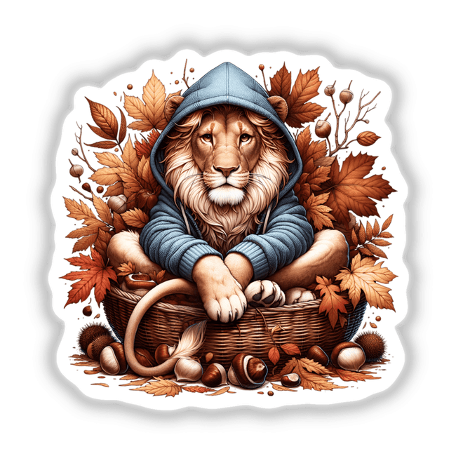 Autumn Lion in Cozy Sweater: A lion wearing a hoodie, comfortably nestled in a basket with leaves, available as unique stickers or digital artwork.