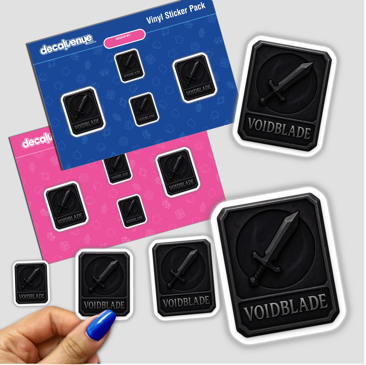 Voidblade – RPG-Style Skill Badge featuring a Dark Silver Shadow Sword Emblem, available as stickers or digital artwork, showcasing intricate sword design perfect for RPG enthusiasts.