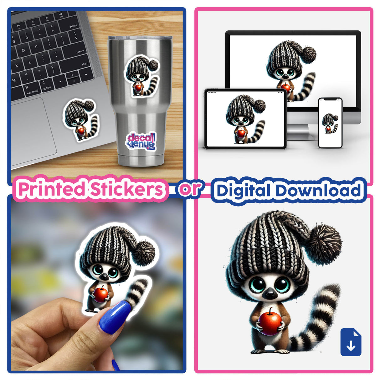 Collage featuring Lemur Gnome Holding Apple, available as stickers or digital artwork, showcasing the cartoon character in various playful poses.