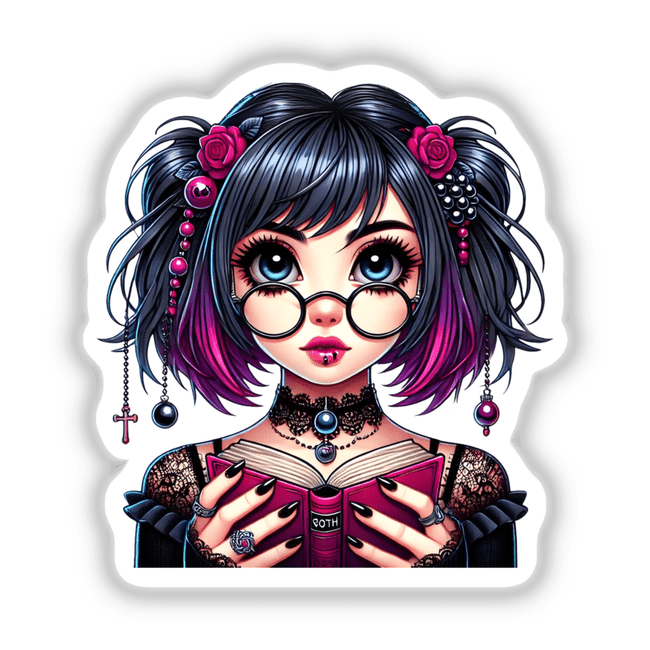 Gothic girl in reading glasses holding an open book, surrounded by decorative elements like flowers and jewelry.
