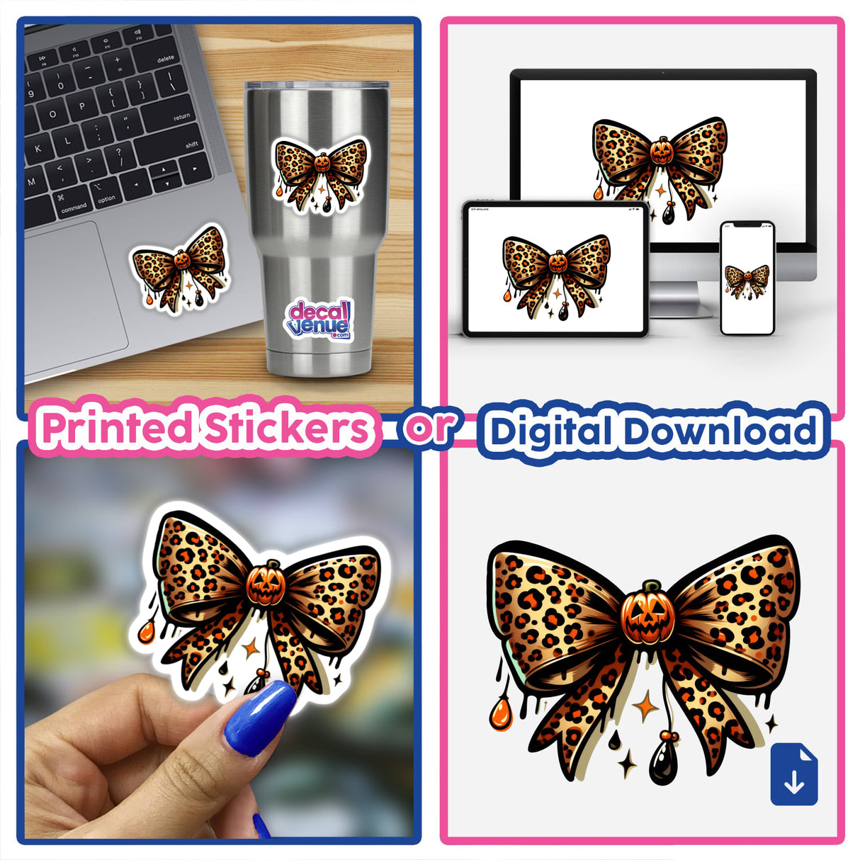Collage featuring Leopard Coquette Halloween Pumpkin Bow stickers and digital artwork, including close-ups of the bow on a laptop, phone, and hand-drawn designs.