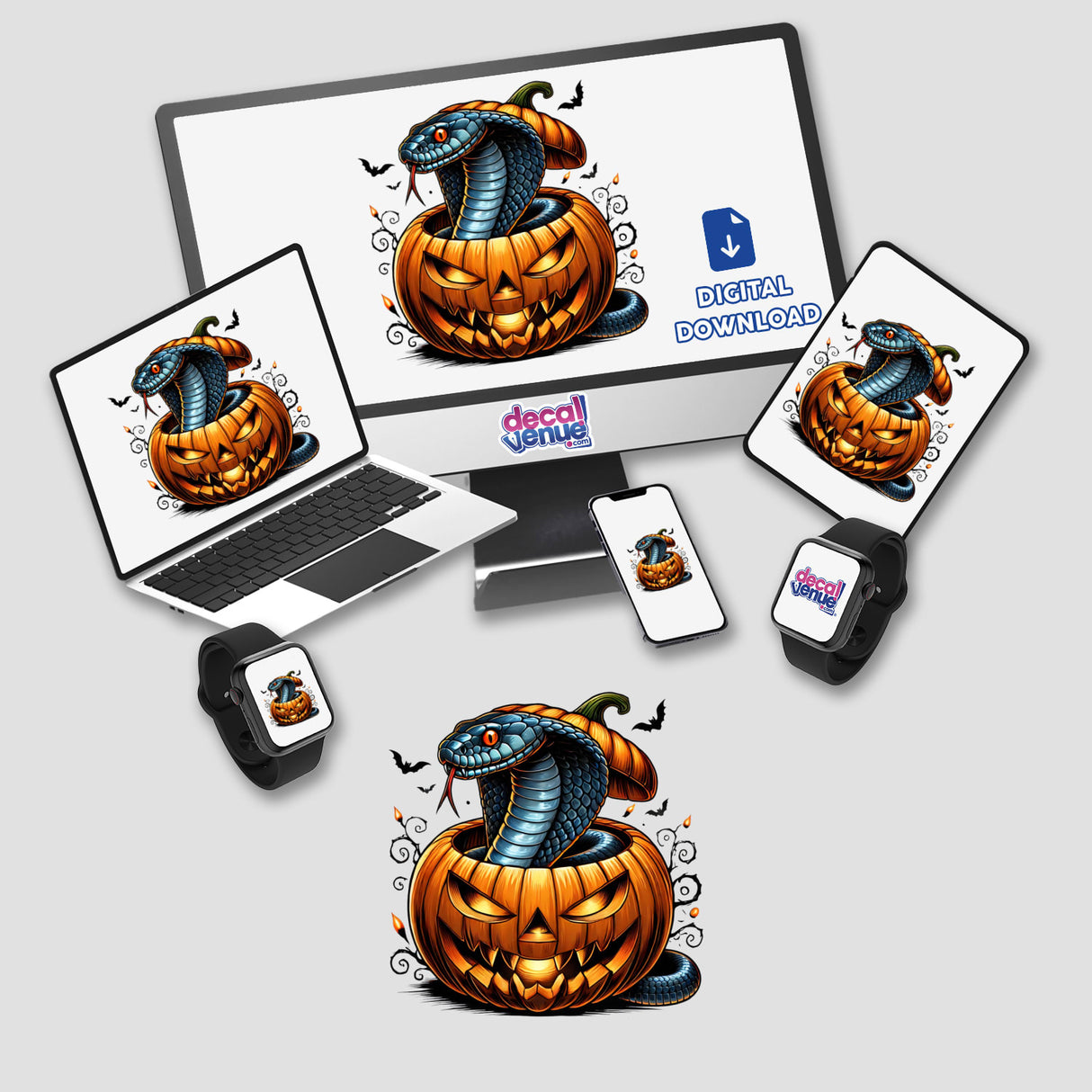 Colorful cobra snake peeking out of jack-o'-lantern on digital devices, including laptop, smartphone, and smartwatch, from Decal Venue store, featuring Halloween-themed digital artwork.