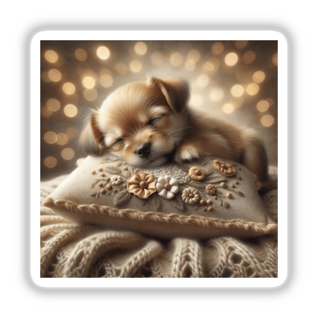 Puppy Sleeping on Floral Pillow: A close-up of a peacefully sleeping puppy curled up on a floral-patterned pillow, available as stickers or digital artwork.