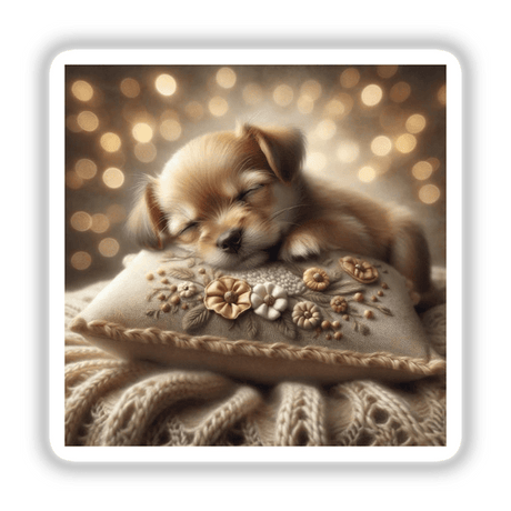 Puppy Sleeping on Floral Pillow: A close-up of a peacefully sleeping puppy curled up on a floral-patterned pillow, available as stickers or digital artwork.