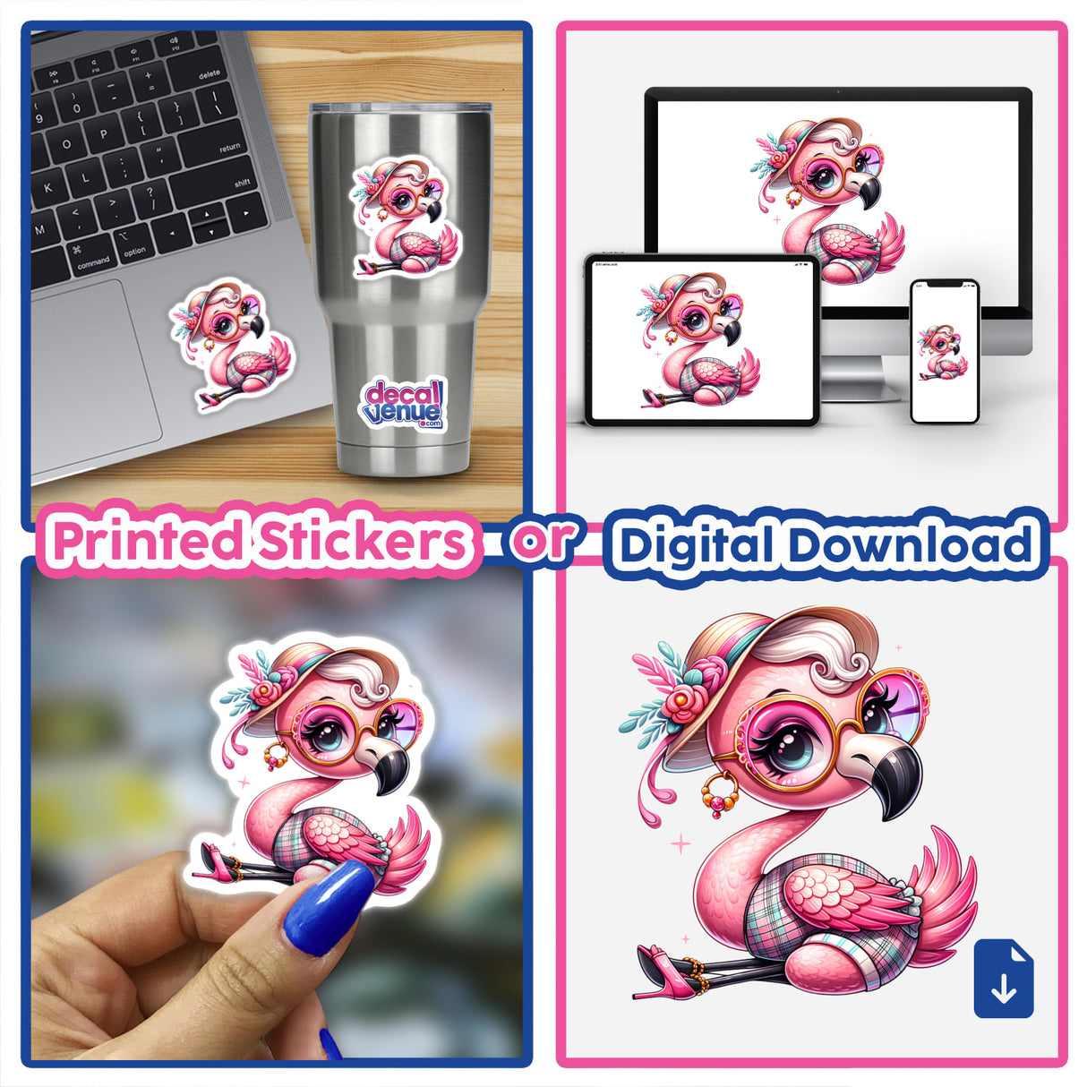 Trendy Flamingo stickers and digital artwork featuring various cartoon flamingos, some wearing hats and sunglasses, shown on laptops, cups, and other surfaces.