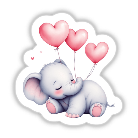 Sleepy Elephant on a Heart with Balloons sticker, featuring a cartoon elephant holding pink heart-shaped balloons, capturing whimsy and charm for versatile decorative use on various surfaces.