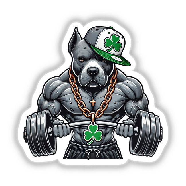 Irish Hip Hop Gym Pitbull: A cartoon of a muscular dog lifting weights, available as stickers or digital artwork from Decal Venue's unique collection.