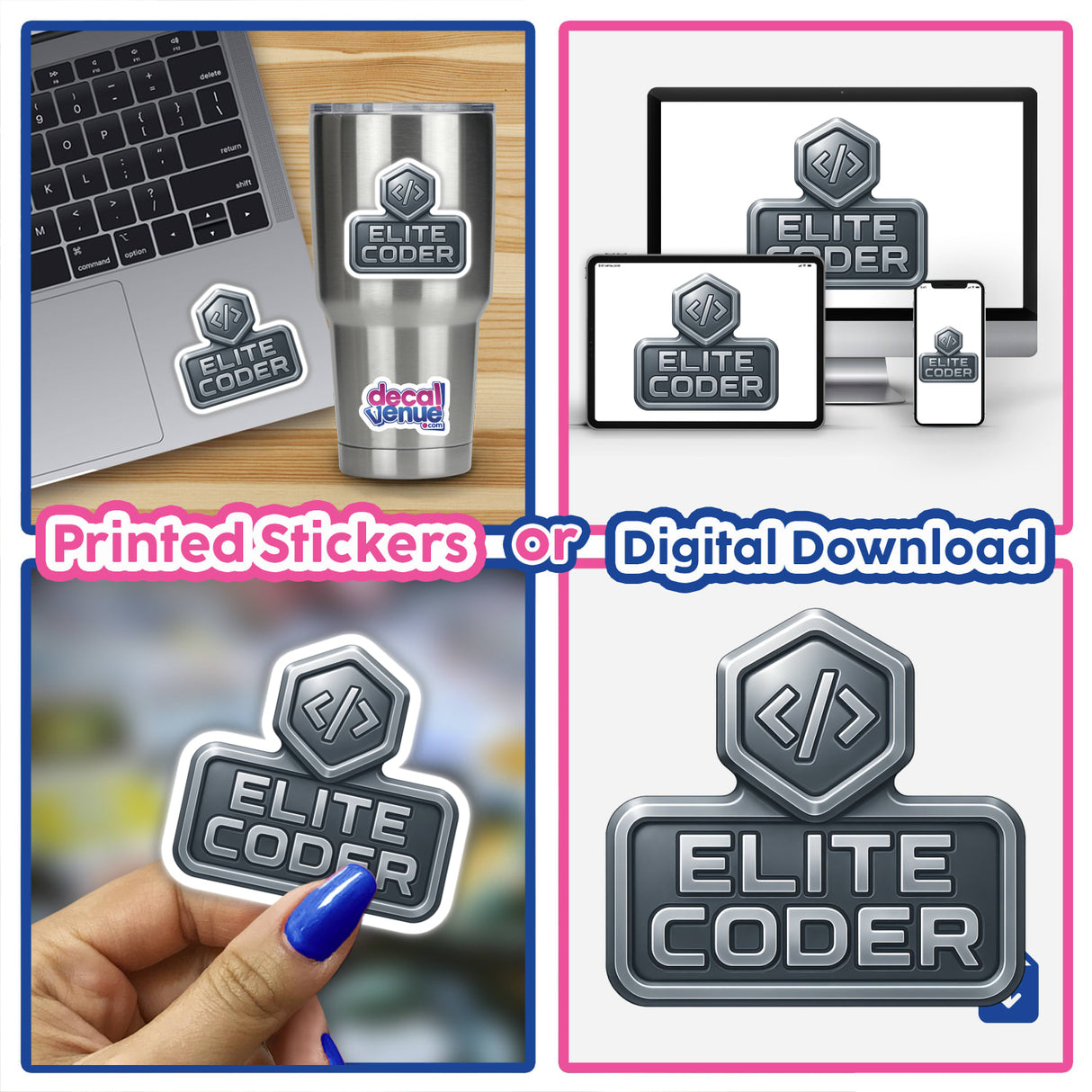 Elite Coder – RPG-Style Skill Badge, a silver futuristic emblem, available as stickers or digital artwork, showcasing intricate detailing ideal for tech enthusiasts seeking unique vinyl designs.