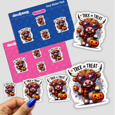 Highland Cow Halloween Trick or Treater sticker pack featuring a cartoon cow in sunglasses holding a pumpkin basket, available as stickers or digital artwork.
